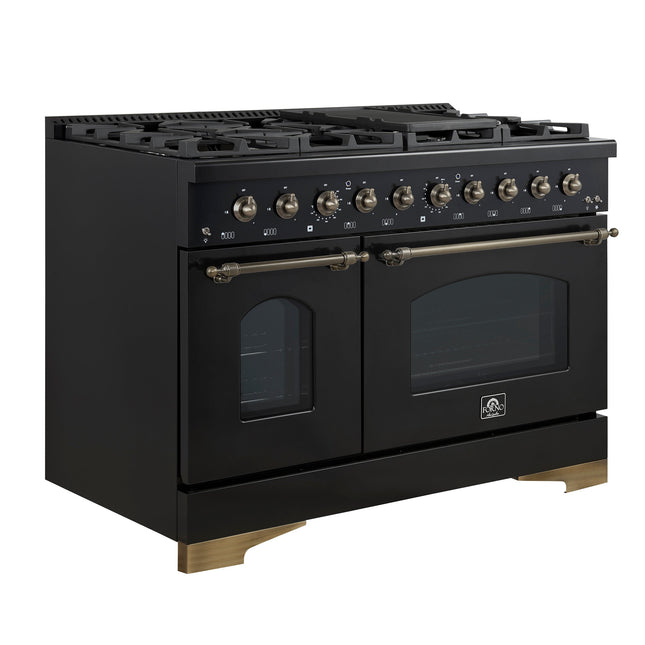 Forno Antico 48-Inch Dual Fuel Range, Black with Antique Brass Finish, 8 Burners, 94,000 BTU, 5.5 cu.ft. Double Ovens & Griddle FORNO