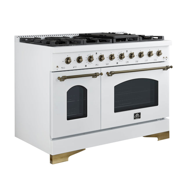 Forno Antico 48-Inch Dual Fuel Range, White with Antique Brass Finish, 8 Burners, 94,000 BTU, 5.5 cu.ft. Double Ovens & Griddle FORNO