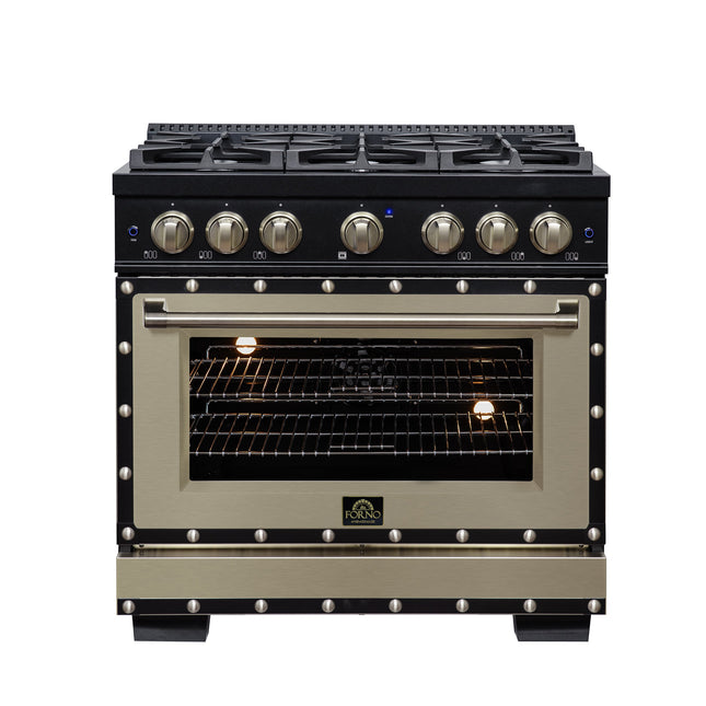 Valente 36" Dual Fuel Range in Black, 6 Sealed Burners, 71 000 BTU Cooktop Output , 5.2 Cu.Ft. convection Oven, Telescopic Racks FORNO