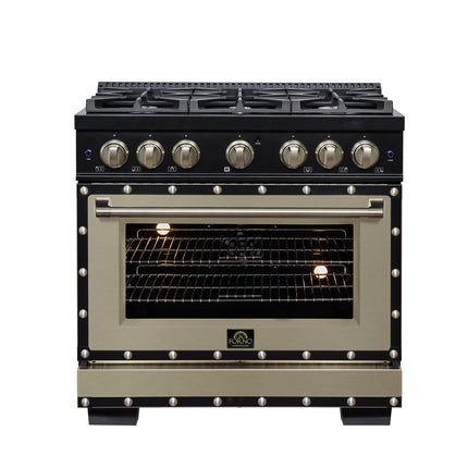 Valente 36" Dual Fuel Range in Black, 6 Sealed Burners, 71 000 BTU Cooktop Output , 5.2 Cu.Ft. convection Oven, Telescopic Racks FORNO