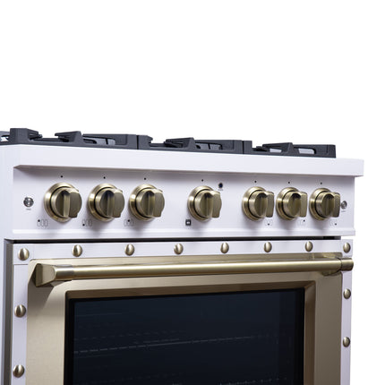 Valente 36" Dual Fuel Range in White, 6 Sealed Burners, 71 000 BTU Cooktop Output , 5.2 Cu.Ft. convection Oven, Telescopic Racks FORNO