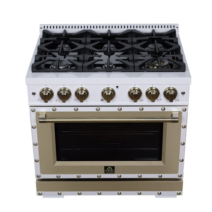 Valente 36" Dual Fuel Range in White, 6 Sealed Burners, 71 000 BTU Cooktop Output , 5.2 Cu.Ft. convection Oven, Telescopic Racks FORNO