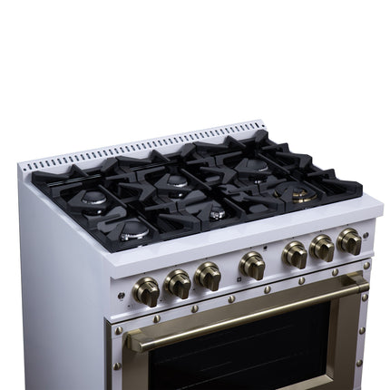Valente 36" Dual Fuel Range in White, 6 Sealed Burners, 71 000 BTU Cooktop Output , 5.2 Cu.Ft. convection Oven, Telescopic Racks FORNO