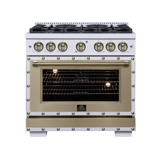 Valente 36" Dual Fuel Range in White, 6 Sealed Burners, 71 000 BTU Cooktop Output , 5.2 Cu.Ft. convection Oven, Telescopic Racks FORNO