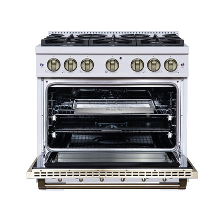 Valente 36" Dual Fuel Range in White, 6 Sealed Burners, 71 000 BTU Cooktop Output , 5.2 Cu.Ft. convection Oven, Telescopic Racks FORNO