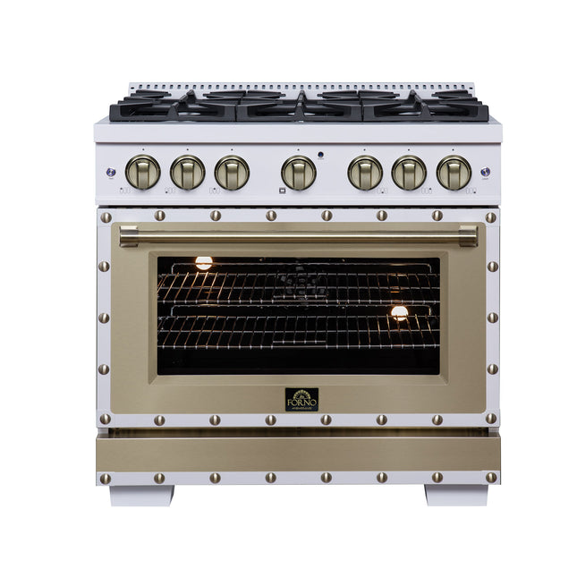 Valente 36" Dual Fuel Range in White, 6 Sealed Burners, 71 000 BTU Cooktop Output , 5.2 Cu.Ft. convection Oven, Telescopic Racks FORNO