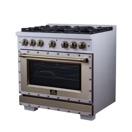 Valente 36" Dual Fuel Range in White, 6 Sealed Burners, 71 000 BTU Cooktop Output , 5.2 Cu.Ft. convection Oven, Telescopic Racks FORNO