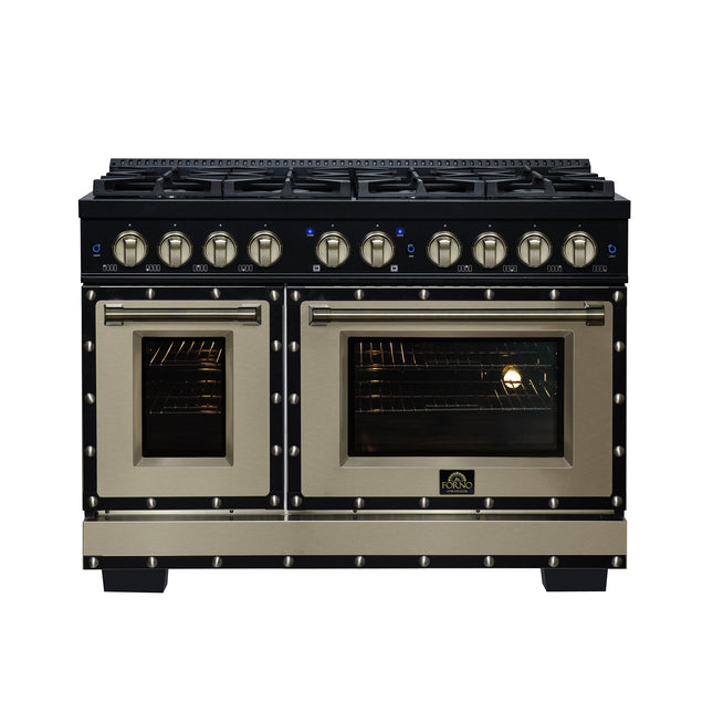 Valente 48" Dual Fuel Range in Black, 8 Sealed Burners, 94 000 BTU Cooktop Output, 6.7 Cu.Ft. Double Oven, Telescopic Racks FORNO