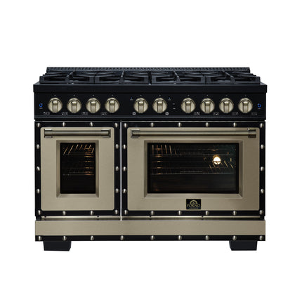 Valente 48" Dual Fuel Range in Black, 8 Sealed Burners, 94 000 BTU Cooktop Output, 6.7 Cu.Ft. Double Oven, Telescopic Racks FORNO