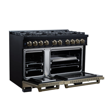 Valente 48" Dual Fuel Range in Black, 8 Sealed Burners, 94 000 BTU Cooktop Output, 6.7 Cu.Ft. Double Oven, Telescopic Racks FORNO