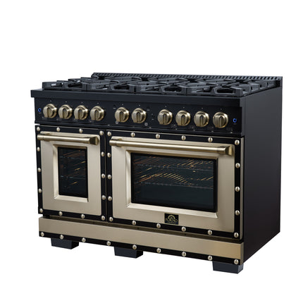 Valente 48" Dual Fuel Range in Black, 8 Sealed Burners, 94 000 BTU Cooktop Output, 6.7 Cu.Ft. Double Oven, Telescopic Racks FORNO
