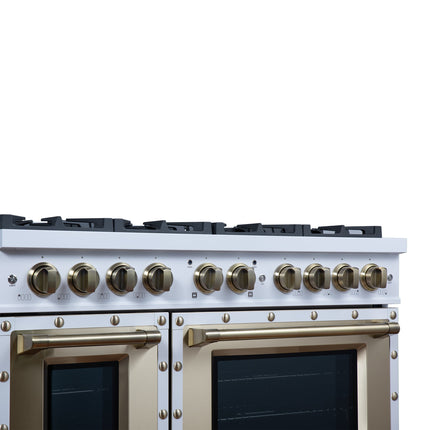 Valente 48" Dual Fuel Range in White, 8 Sealed Burners, 94 000 BTU Cooktop Output, 6.7 Cu.Ft. Double Oven, Telescopic Racks FORNO