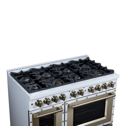 Valente 48" Dual Fuel Range in White, 8 Sealed Burners, 94 000 BTU Cooktop Output, 6.7 Cu.Ft. Double Oven, Telescopic Racks FORNO
