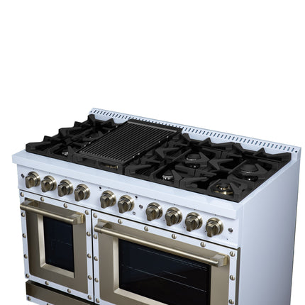 Valente 48" Dual Fuel Range in White, 8 Sealed Burners, 94 000 BTU Cooktop Output, 6.7 Cu.Ft. Double Oven, Telescopic Racks FORNO