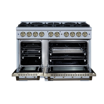 Valente 48" Dual Fuel Range in White, 8 Sealed Burners, 94 000 BTU Cooktop Output, 6.7 Cu.Ft. Double Oven, Telescopic Racks FORNO