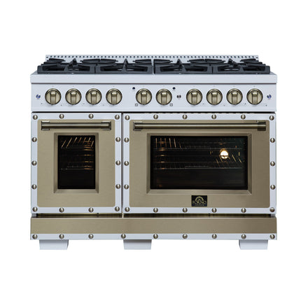 Valente 48" Dual Fuel Range in White, 8 Sealed Burners, 94 000 BTU Cooktop Output, 6.7 Cu.Ft. Double Oven, Telescopic Racks FORNO