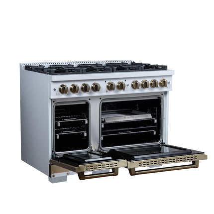 Valente 48" Dual Fuel Range in White, 8 Sealed Burners, 94 000 BTU Cooktop Output, 6.7 Cu.Ft. Double Oven, Telescopic Racks FORNO