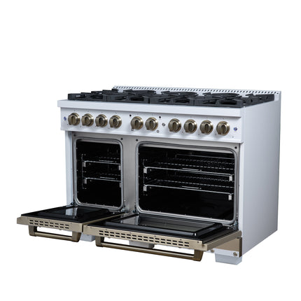Valente 48" Dual Fuel Range in White, 8 Sealed Burners, 94 000 BTU Cooktop Output, 6.7 Cu.Ft. Double Oven, Telescopic Racks FORNO