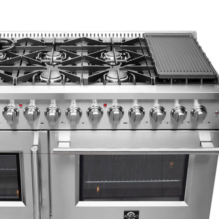 FORNO Galiano 48-Inch French Door Dual Fuel Range All Stainless Steel, 8 Sealed Burners, 107,000 BTU, Griddle, 6.58 cu.ft. Double Ovens FORNO