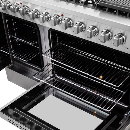 FORNO Galiano 48-Inch French Door Dual Fuel Range All Stainless Steel, 8 Sealed Burners, 107,000 BTU, Griddle, 6.58 cu.ft. Double Ovens FORNO
