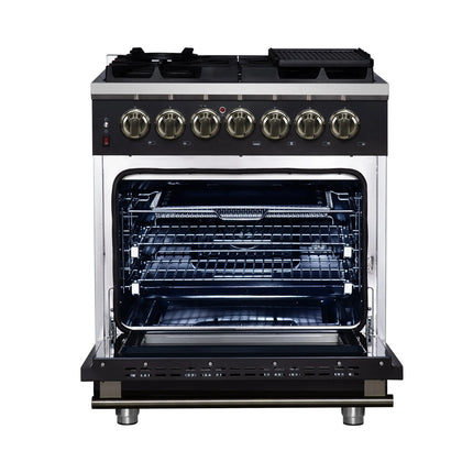 Forno Massimo 30-Inch Freestanding Dual Fuel Range in Black with Antique Brass Accessories, 4 Burners, 4.32 cu. ft. Convection Oven FORNO
