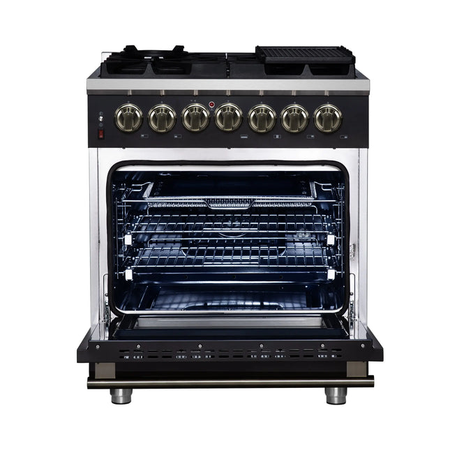 Forno Massimo 30-Inch Freestanding Dual Fuel Range in Black with Antique Brass Accessories, 4 Burners, 4.32 cu. ft. Convection Oven FORNO
