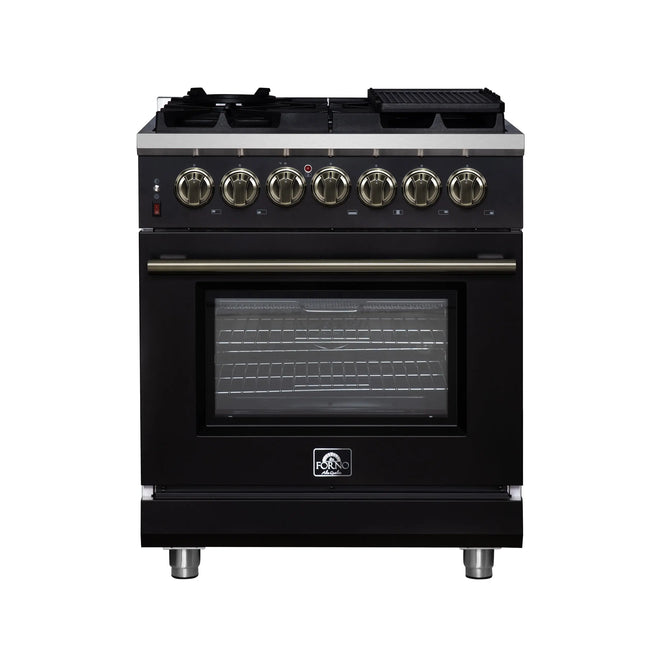 Forno Massimo 30-Inch Freestanding Dual Fuel Range in Black with Antique Brass Accessories, 4 Burners, 4.32 cu. ft. Convection Oven FORNO