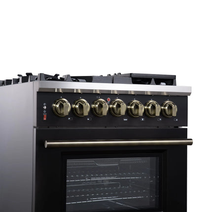 Forno Massimo 30-Inch Freestanding Dual Fuel Range in Black with Antique Brass Accessories, 4 Burners, 4.32 cu. ft. Convection Oven FORNO