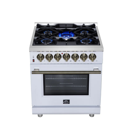 Forno Massimo 30-Inch Freestanding Dual Fuel Range in White with Antique Brass Accessories, 4 Burners, 4.32 cu. ft. Convection Oven FORNO