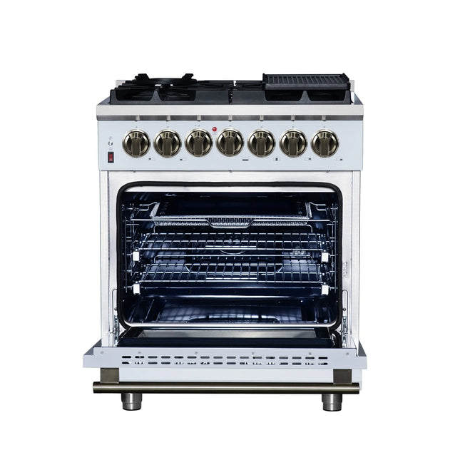 Forno Massimo 30-Inch Freestanding Dual Fuel Range in White with Antique Brass Accessories, 4 Burners, 4.32 cu. ft. Convection Oven FORNO