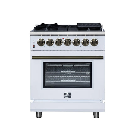 Forno Massimo 30-Inch Freestanding Dual Fuel Range in White with Antique Brass Accessories, 4 Burners, 4.32 cu. ft. Convection Oven FORNO