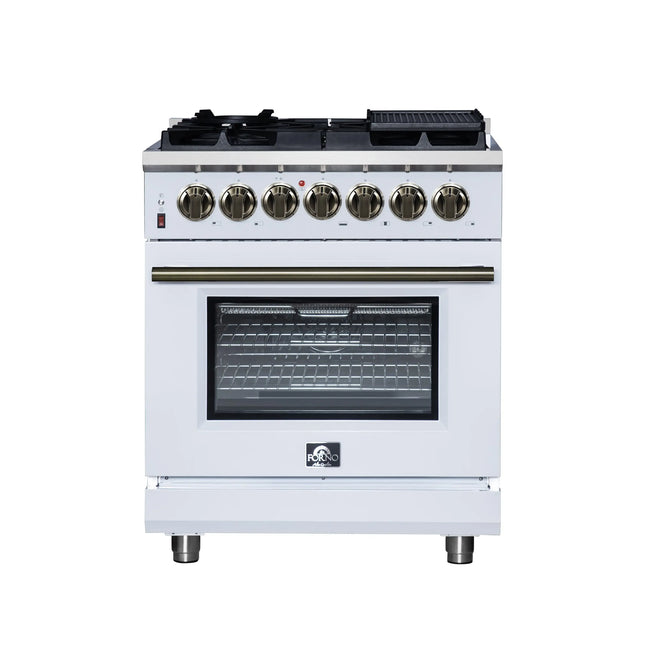 Forno Massimo 30-Inch Freestanding Dual Fuel Range in White with Antique Brass Accessories, 4 Burners, 4.32 cu. ft. Convection Oven FORNO