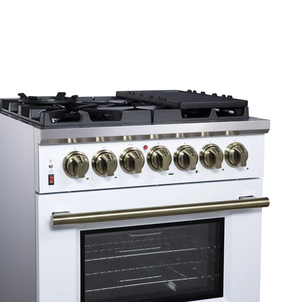 Forno Massimo 30-Inch Freestanding Dual Fuel Range in White with Antique Brass Accessories, 4 Burners, 4.32 cu. ft. Convection Oven FORNO