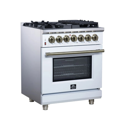 Forno Massimo 30-Inch Freestanding Dual Fuel Range in White with Antique Brass Accessories, 4 Burners, 4.32 cu. ft. Convection Oven FORNO