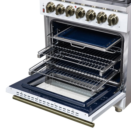 Forno Massimo 30-Inch Freestanding Dual Fuel Range in White with Antique Brass Accessories, 4 Burners, 4.32 cu. ft. Convection Oven FORNO