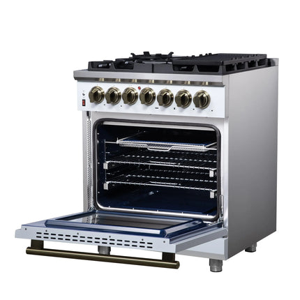 Forno Massimo 30-Inch Freestanding Dual Fuel Range in White with Antique Brass Accessories, 4 Burners, 4.32 cu. ft. Convection Oven FORNO