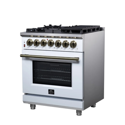 Forno Massimo 30-Inch Freestanding Dual Fuel Range in White with Antique Brass Accessories, 4 Burners, 4.32 cu. ft. Convection Oven FORNO