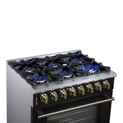 Forno Massimo 36 Inch Freestanding Dual Fuel Range in Black with Antique Brass Accessories, 6 Burners, 5.36 cu. ft. Convection Oven FORNO
