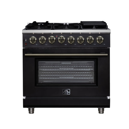 Forno Massimo 36 Inch Freestanding Dual Fuel Range in Black with Antique Brass Accessories, 6 Burners, 5.36 cu. ft. Convection Oven FORNO