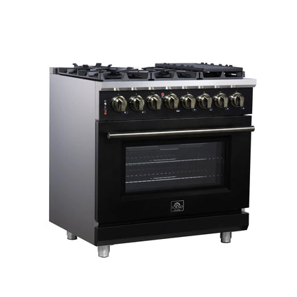 Forno Massimo 36 Inch Freestanding Dual Fuel Range in Black with Antique Brass Accessories, 6 Burners, 5.36 cu. ft. Convection Oven FORNO