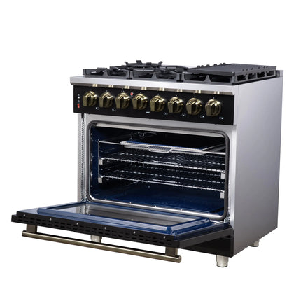 Forno Massimo 36 Inch Freestanding Dual Fuel Range in Black with Antique Brass Accessories, 6 Burners, 5.36 cu. ft. Convection Oven FORNO