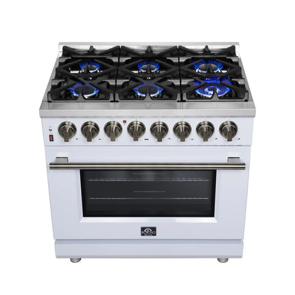 Forno Massimo 36 Inch Freestanding Dual Fuel Range in White with Antique Brass Accessories, 6 Burners, 5.36 cu. ft. Convection Oven FORNO