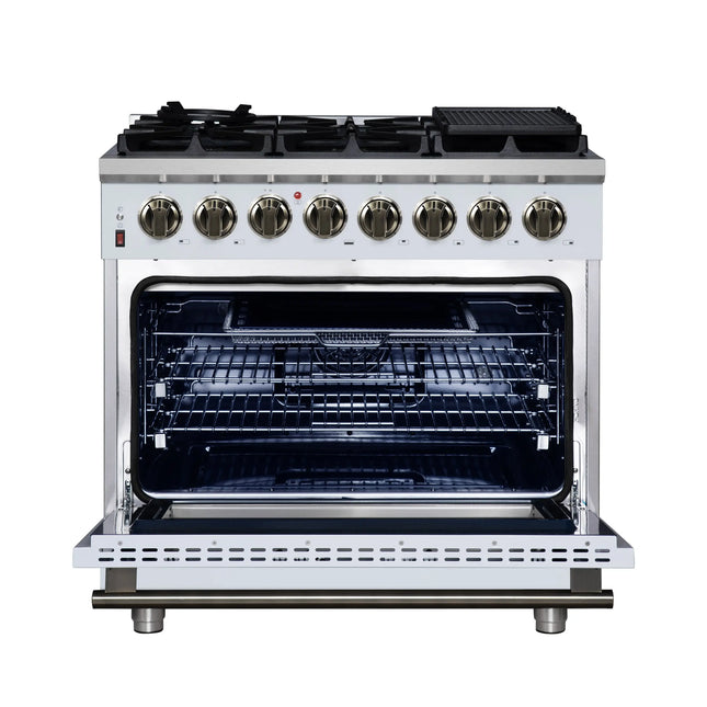 Forno Massimo 36 Inch Freestanding Dual Fuel Range in White with Antique Brass Accessories, 6 Burners, 5.36 cu. ft. Convection Oven FORNO