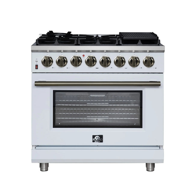 Forno Massimo 36 Inch Freestanding Dual Fuel Range in White with Antique Brass Accessories, 6 Burners, 5.36 cu. ft. Convection Oven FORNO