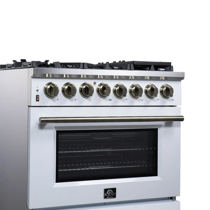Forno Massimo 36 Inch Freestanding Dual Fuel Range in White with Antique Brass Accessories, 6 Burners, 5.36 cu. ft. Convection Oven FORNO