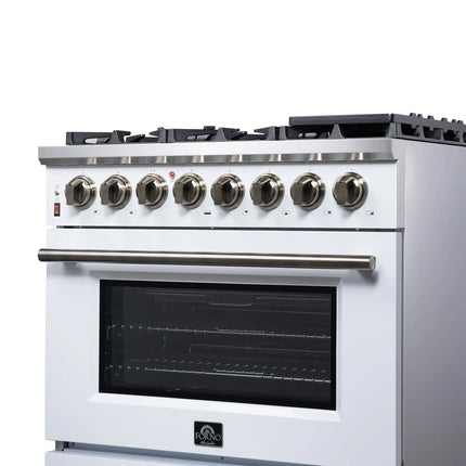 Forno Massimo 36 Inch Freestanding Dual Fuel Range in White with Antique Brass Accessories, 6 Burners, 5.36 cu. ft. Convection Oven FORNO