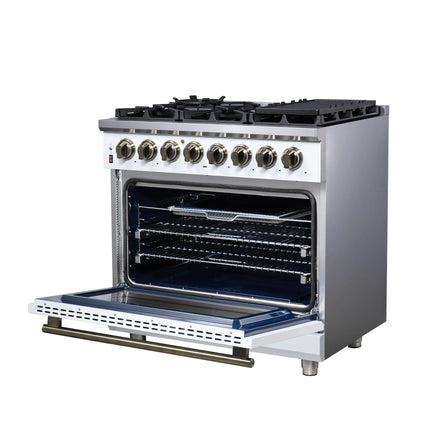 Forno Massimo 36 Inch Freestanding Dual Fuel Range in White with Antique Brass Accessories, 6 Burners, 5.36 cu. ft. Convection Oven FORNO