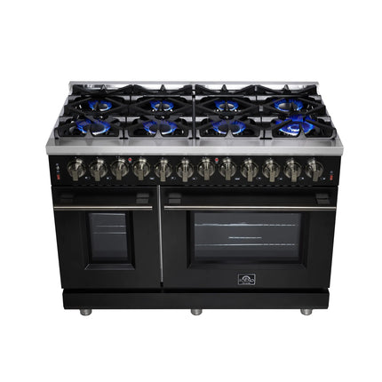 Forno Massimo 48 Inch Freestanding Dual Fuel Range in Black with Antique Brass Accessories, 8 Burners, 6.58 cu. ft. Convection Oven FORNO