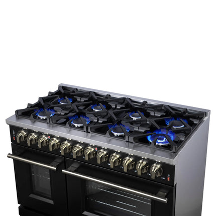 Forno Massimo 48 Inch Freestanding Dual Fuel Range in Black with Antique Brass Accessories, 8 Burners, 6.58 cu. ft. Convection Oven FORNO