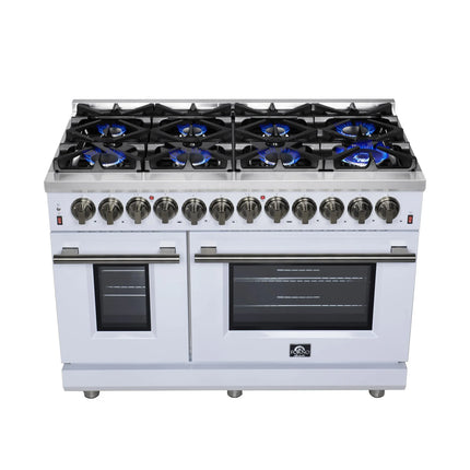 Forno Massimo 48 Inch Freestanding Dual Fuel Range in White with Antique Brass Accessories, 8 Burners, 6.58 cu. ft. Convection Oven FORNO